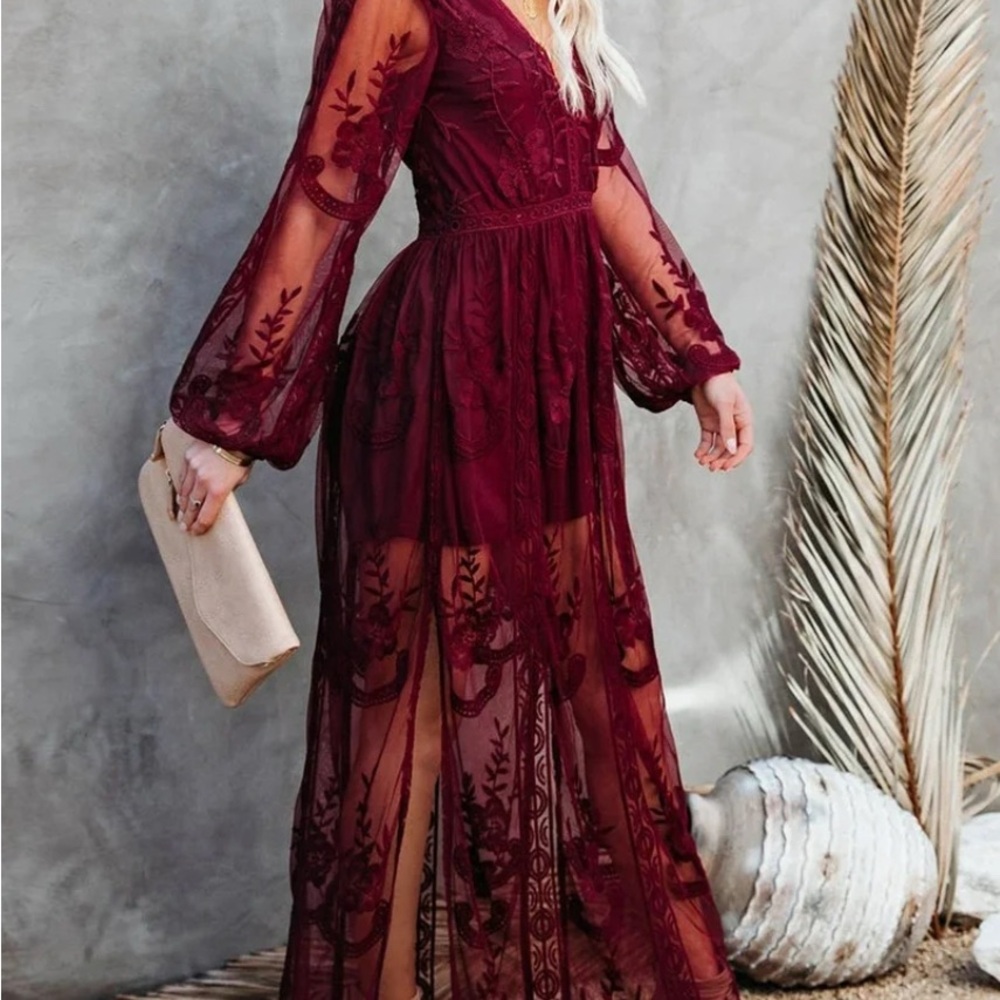 Elegant Burgundy Romper with Lace Overlay